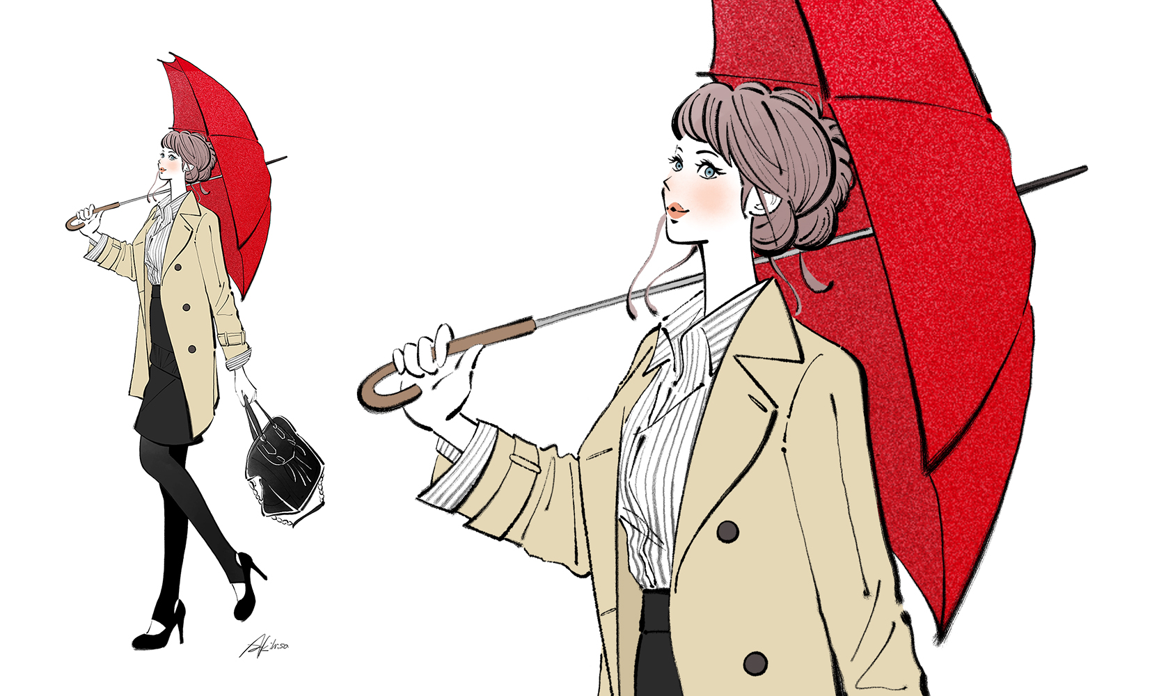 赤い傘を差して歩くコートの女性
