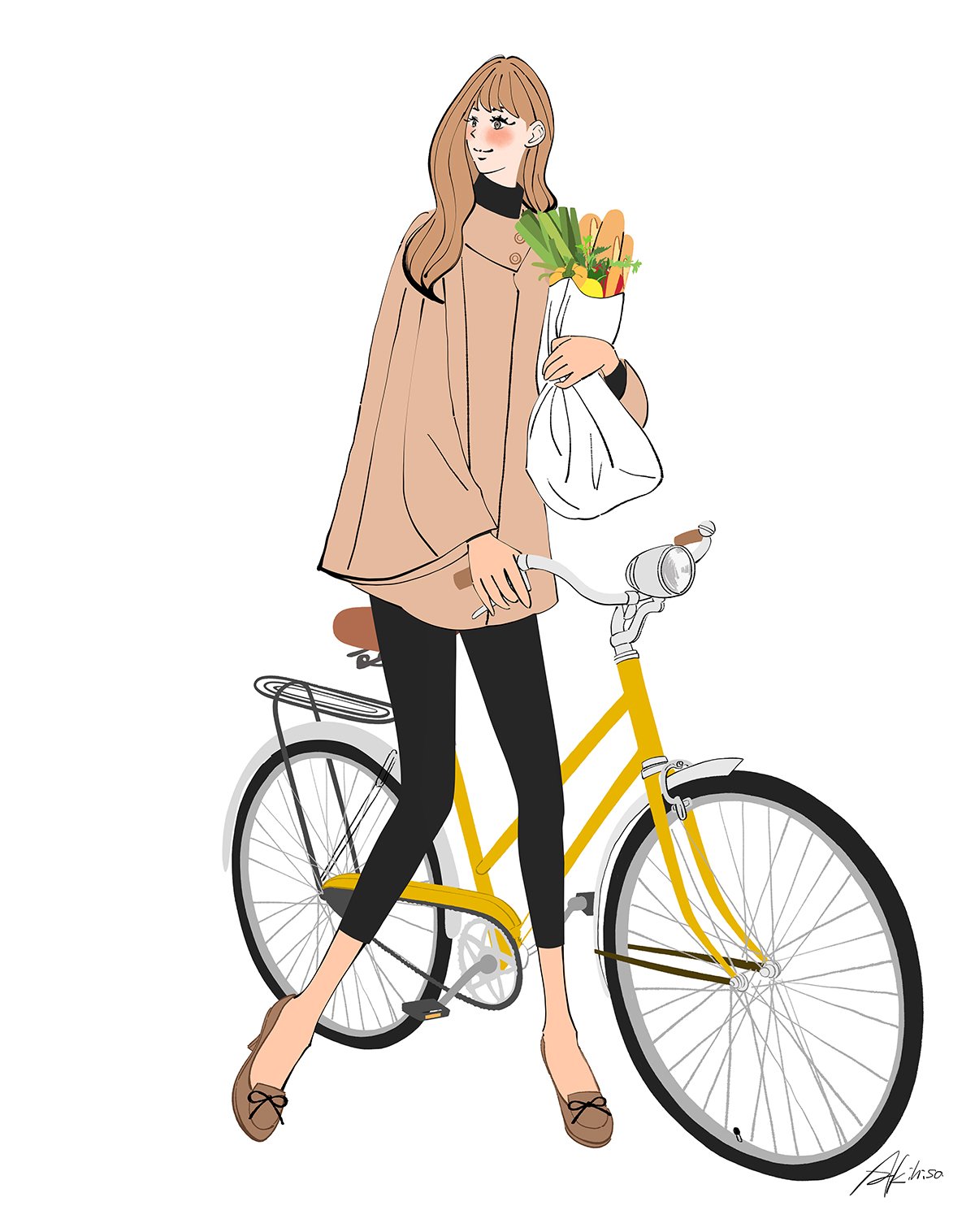 週末のマルシェ帰り/自転車で買い物をする女性のイラスト #nst003