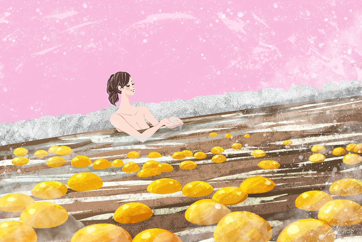 【冬のイラスト】雪景色と柚子湯の露天風呂 #dc055
