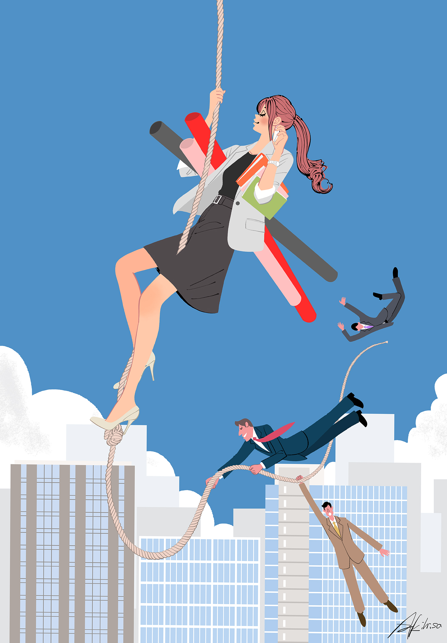 大空の綱渡り:都会の空を飛躍する女性のイラスト #iof002